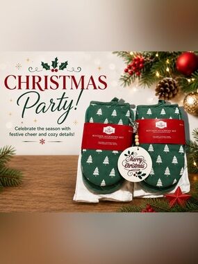 Holiday Time Kitchen Accessory Set Cotton Green White Christmas Wood Ornament